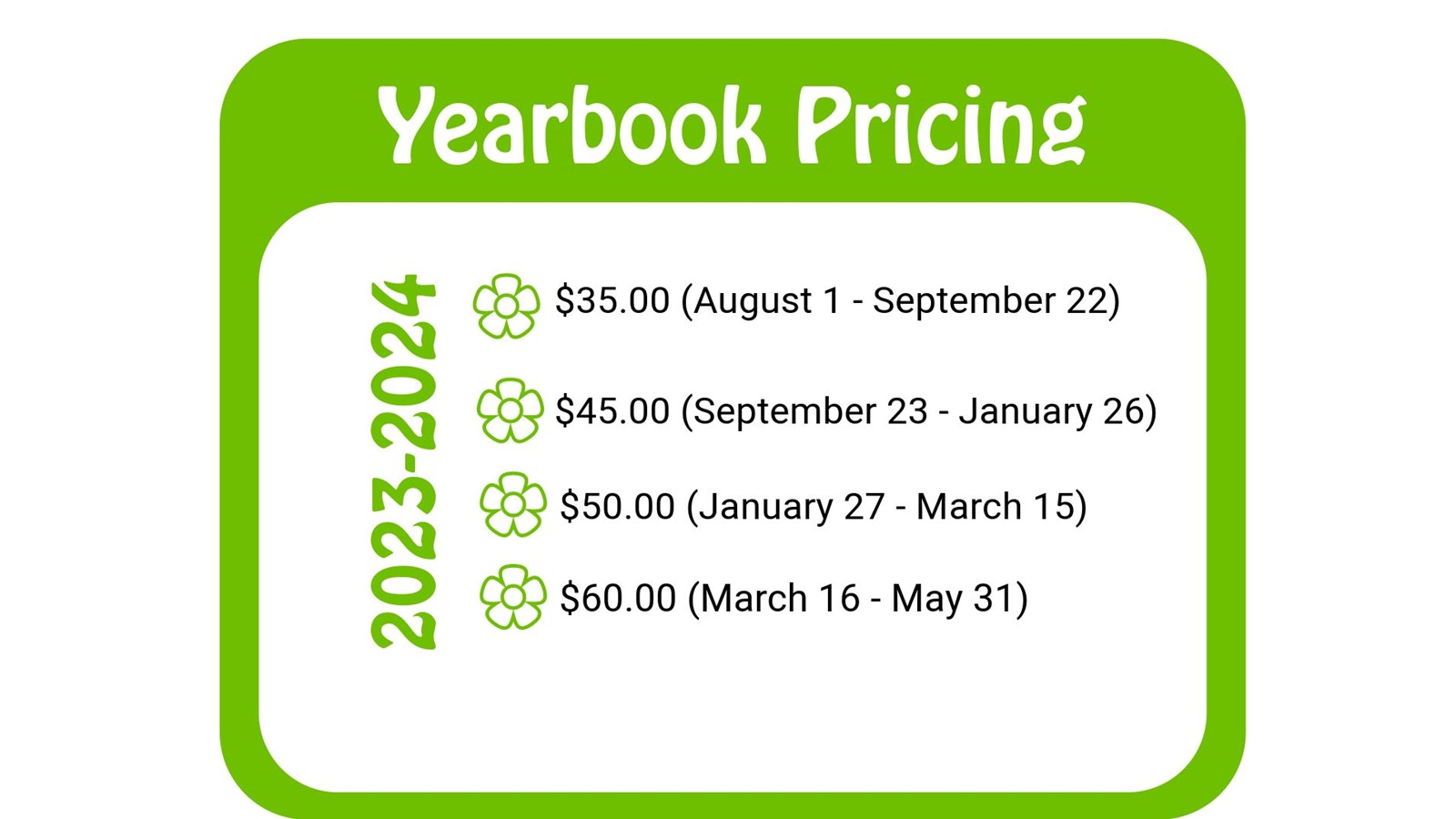 Yearbook Pricing Schedule